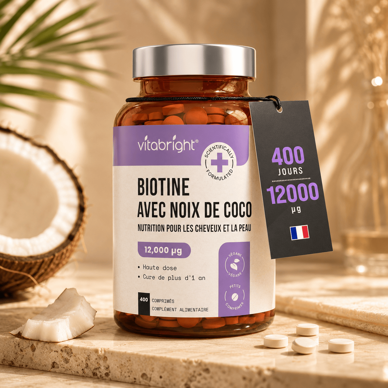 vitabright Complément Alimentaire Biotine - Complément alimentaire pour une croissance rapide 12 000 mcg