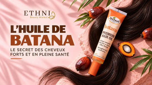Huile de batana cheveux : femme aux longs cheveux bruns brillants et huile capillaire batana chez Ethni Beauty Market