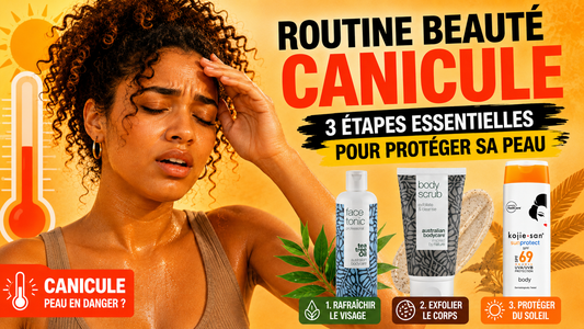 Routine beauté canicule avec lotion tonique, gommage corps et protection solaire SPF pour limiter les effets de la chaleur sur la peau