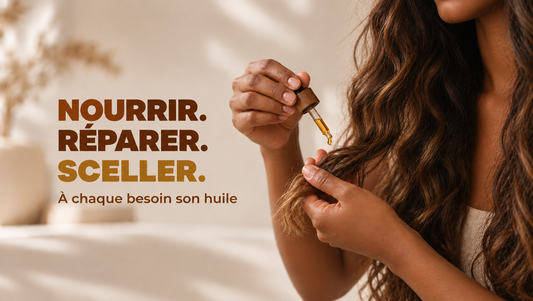 Huile pour cheveux bouclés et secs : femme appliquant quelques gouttes d'huile sur ses pointes avec une pipette, texte « Nourrir. Réparer. Sceller. À chaque besoin son huile »