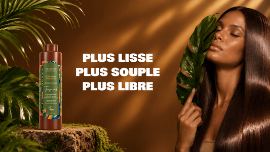 Femme aux cheveux lisses et brillants après un lissage brésilien sans casse aux actifs végétaux Brazilian Secrets Hair