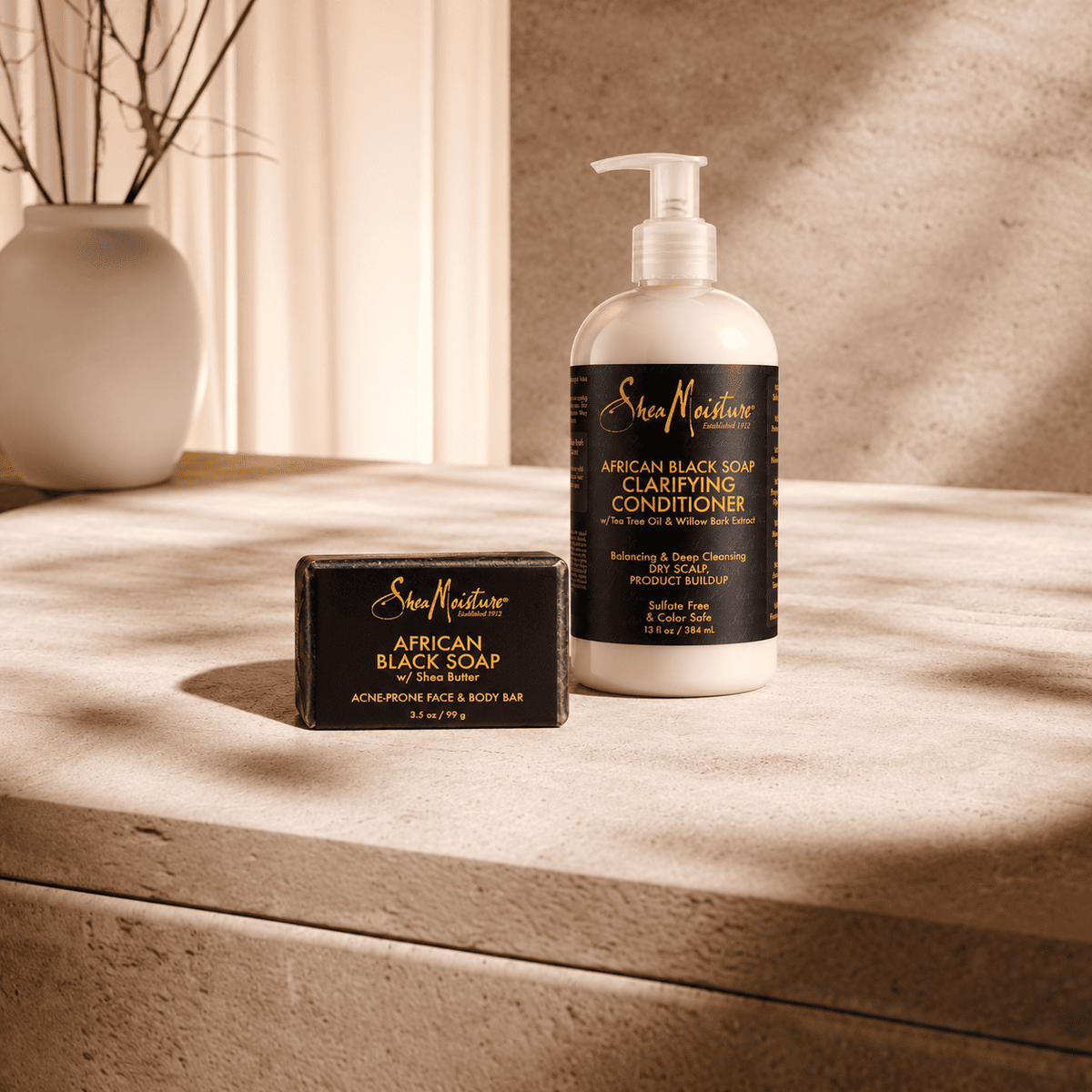 Shea Moisture - African Black Soap Duo : Face &amp; Body Bar + Bamboo Charcoal Deep Balancing Conditioner 