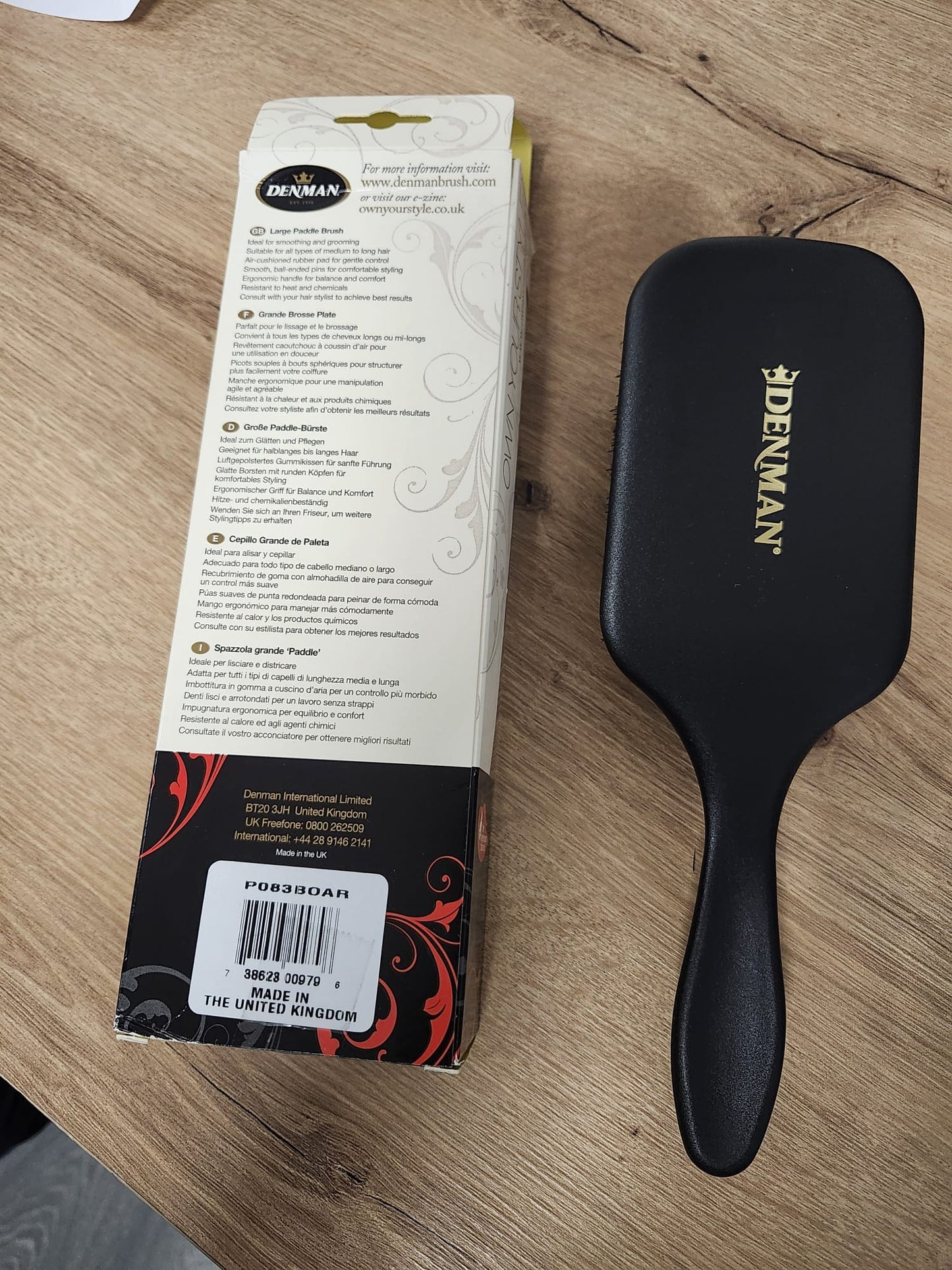 Denman - Grande Brosse Plate aux poils de sanglier "Large Paddle Brush" - P083BOAR - Denman - Ethni Beauty Market